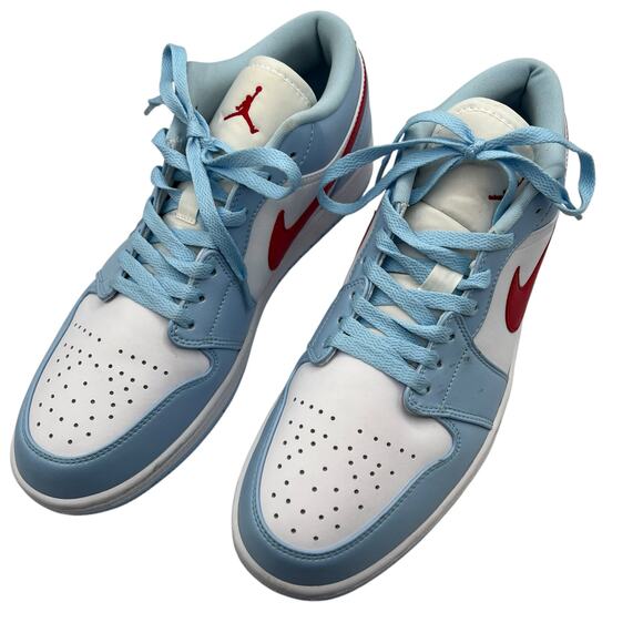 Nike Air Jordan 1 Low Blue Red White Leather Swoosh Womens 11 DC0774-164 Sneaker - Picture 1 of 16